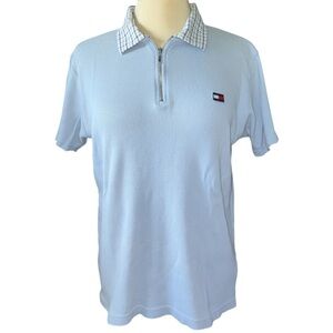 Tommy Hilfiger shirt 1/4 zip front plaid collar short sleeves ribbed look Sz LGE